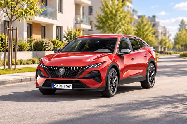 Czerwony Peugeot 408 na osiedlowej ulicy